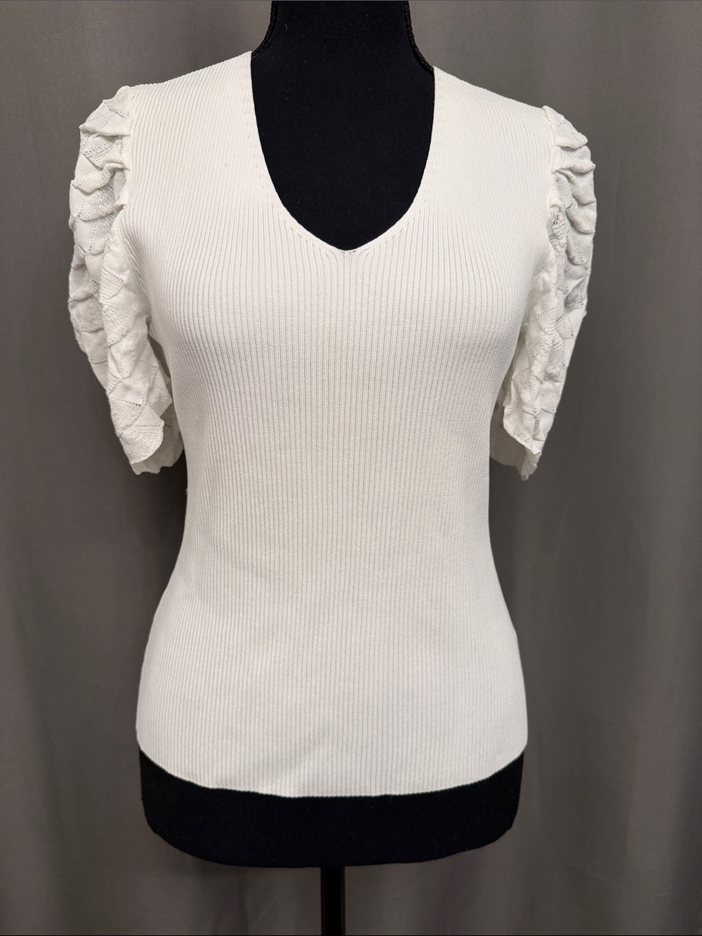 Cream V-Neck Short Sleeve Knit Top with Textured Puff Sleeves